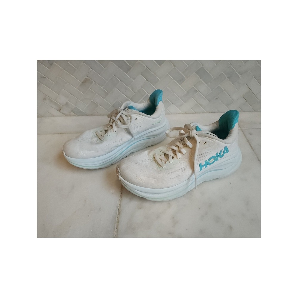 Hoka One One W Clifton 10 Running Shoes Women 7.5B White Teal Blue Activ Sneaker